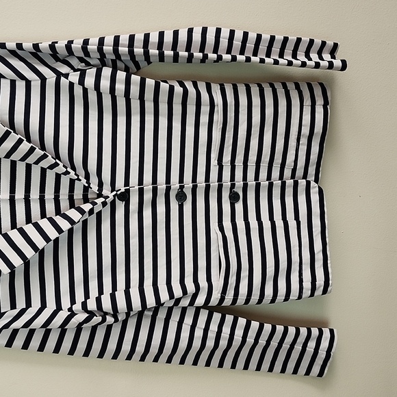 Tahari navy blue white stripe 3 button knit blazer coastal nautical womens small - Picture 3 of 7